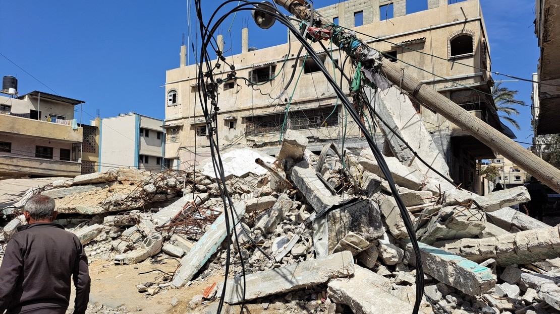 Buildings destroyed in Rafah in the Gaza Strip.; }}