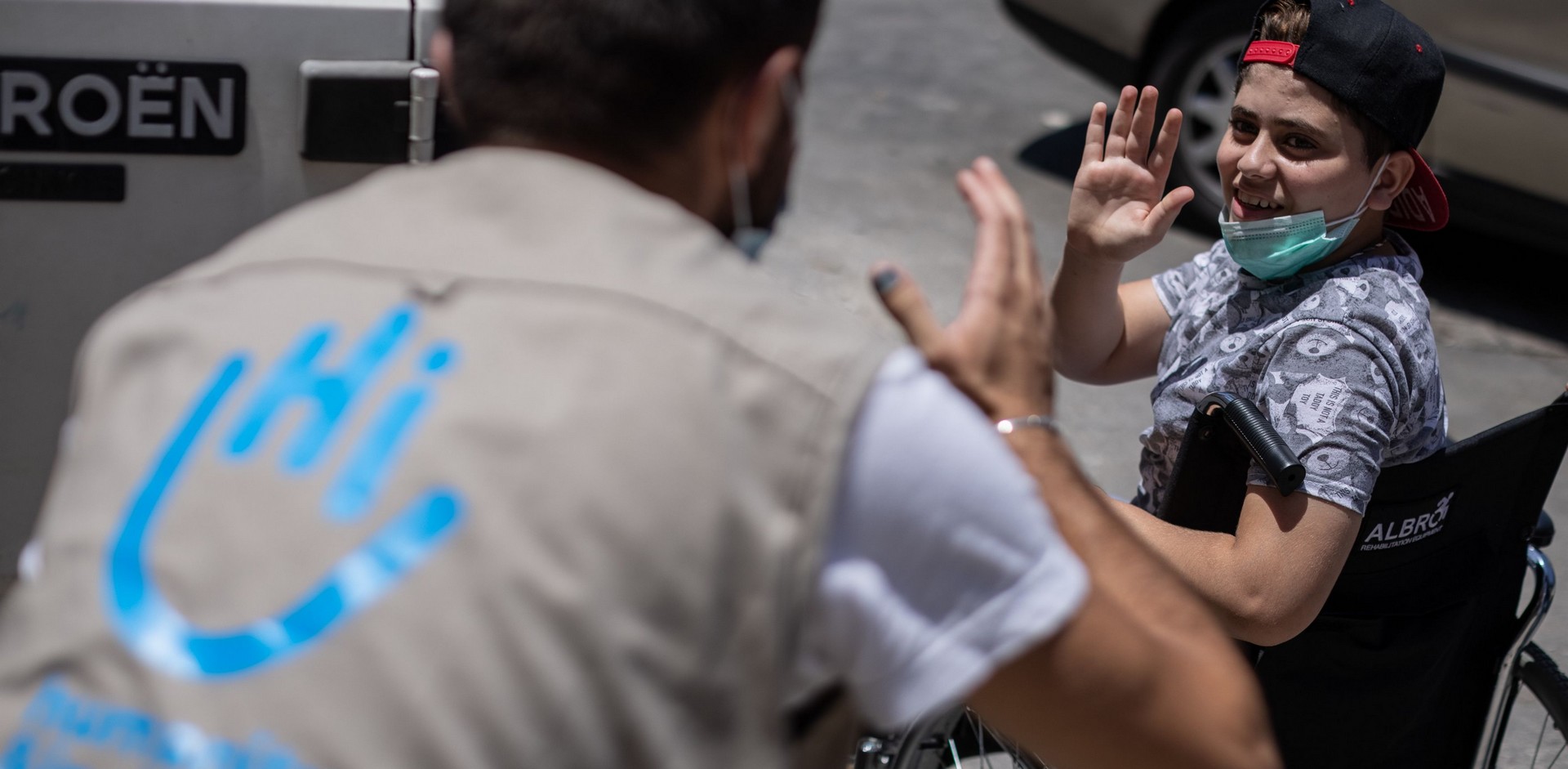 Lebanon, Beirut, July 2021. Mohammed, age 14, from Syria, takes part in a physiotherapy session at Musawat, a physiotherapy centre, partner of HI, in Mar Elias Refugee Camp. He received a wheelchair and psycho-social support.