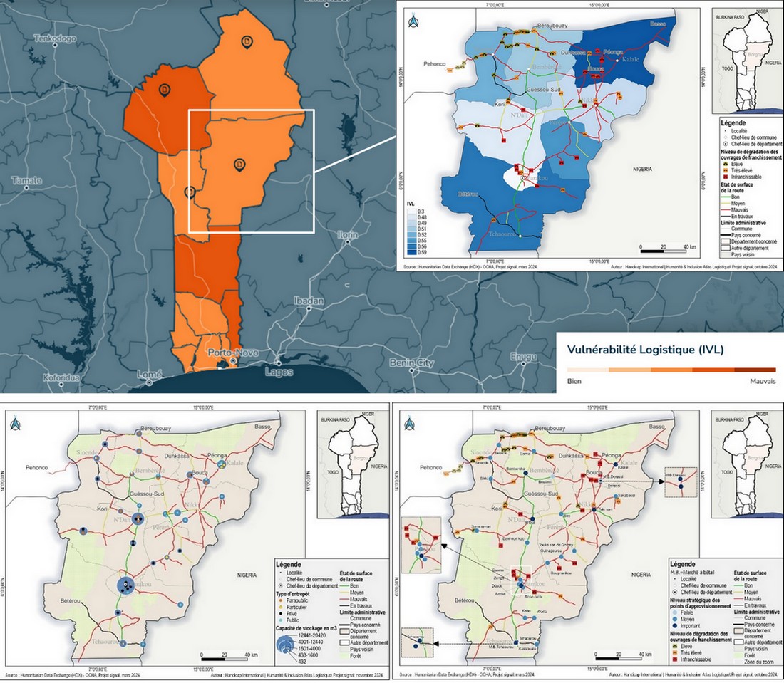Montage de plusieurs cartes d'une région d'Afrique dont les légendes sont décrites plus bas dans cet article.