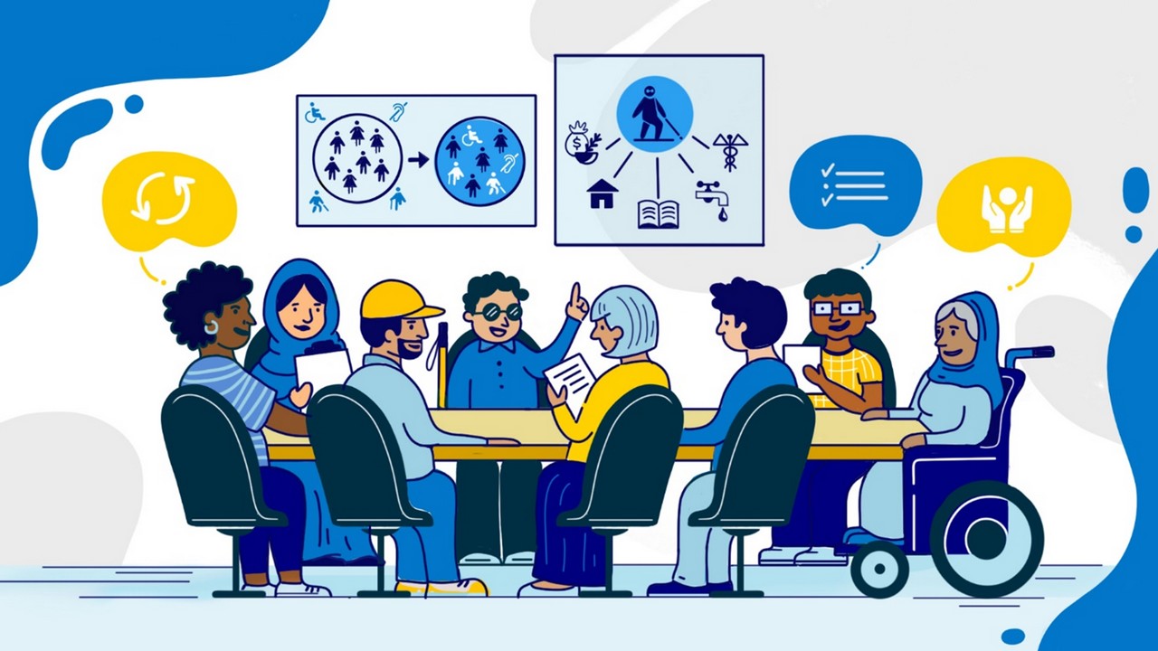 Illustration of a group of 8 men and women of different nationalities, and ethnicities conversing about methodologies to make workspaces more inclusive. They are sitting at a table, amongst them is a man with visual impairment, a woman using a wheelchair. Each person is contributing ideas to the conversation based on their experiences. Above them on the wall is an infographic showing exclusion and inclusion, as well as different pictograms representing inclusion, specific requirements, barrier removal.