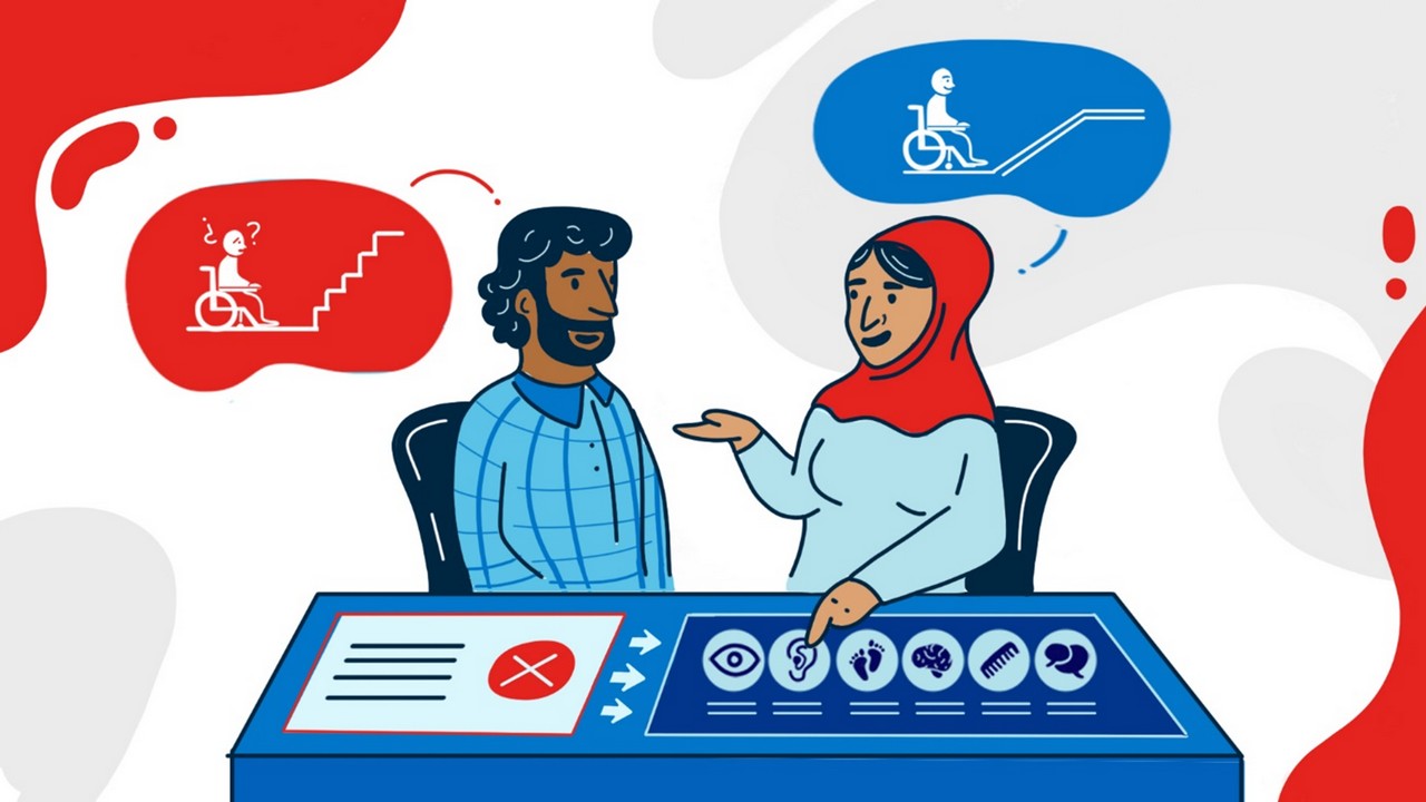 Illustration of a man and a woman sitting behind a desk, discussing possible solutions to accessibility problems in different spaces. The man presents the issue, and the woman explains possible solutions taking into account different disabilities, showing the pictograms of the Washington Group of Questions on the desk.