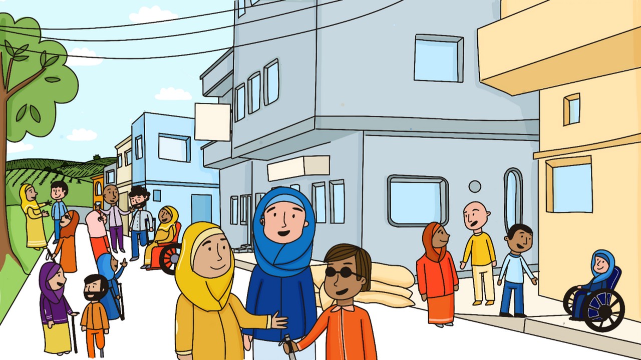 Illustration of several persons in a street of an urban Syrian neighborhood, with fields in the background. Several persons with and without disabilities are walking around and discussing in the street. There is a mix of men and women. Some of them are dressed in yellow as they belong to the community committee, working on disability inclusion in the area.