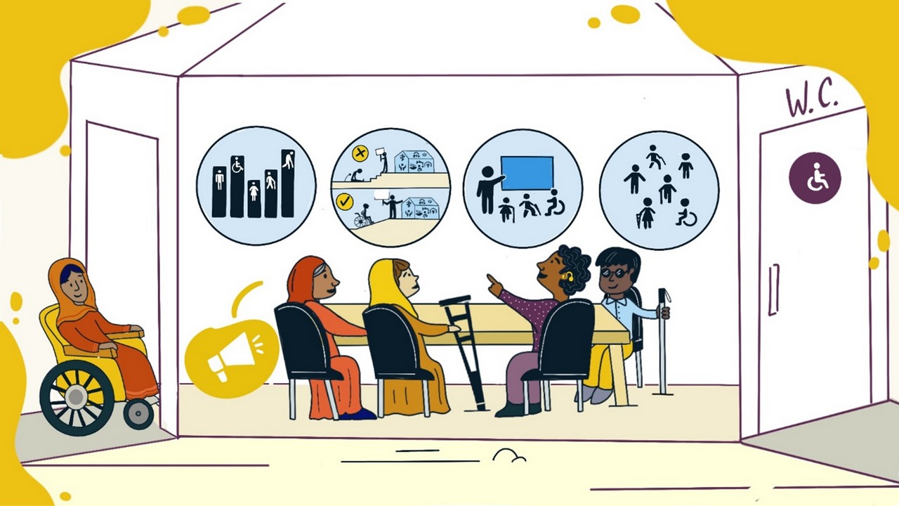 The illustration is set in the office of the organization of persons with disabilities located in a rural environment. The office entrance is accessible, with a ramp where a person in a wheelchair is seen passing. There is an accessible bathroom clearly indicated by a disability sign. Members of the organization of persons with disabilities are seated in an organizational meeting. Among the meeting participants are individuals with physical disabilities using wheelchairs or crutches, individuals with visual impairments using white canes, individuals with hearing impairments using sign language, and individuals without disabilities.