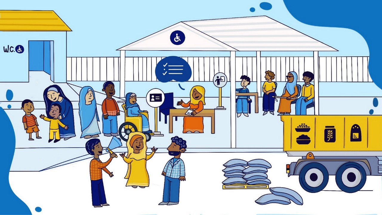 The illustration takes place in a refugee camp. There is a registration booth where a woman wearing a headscarf is sitting at a desk taking information from a woman in a wheelchair also wearing a headscarf and queuing. Behind her there is a man and a woman standing, a woman with two children talking in front of an accessible bathroom. In front of them there is an accessibility ramp and three people: A man providing information with a megaphone while a woman translates this information into sign language for a man with hearing impairment. There is a tent where the registration booth is located and also a waiting area where two men and a woman with visual impairment are seated. A truck carrying food supplies enters the refugee camp and it can be seen that they are unloading several packages of food.