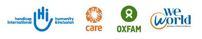 Logos of the NGOs Handicap International / Humanity & Inclusion, Care, Oxfam and We World