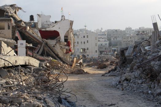 Buildings in Shejaiya, Gaza, an area destroyed during Operation Protective Edge in Summer 2014; }}