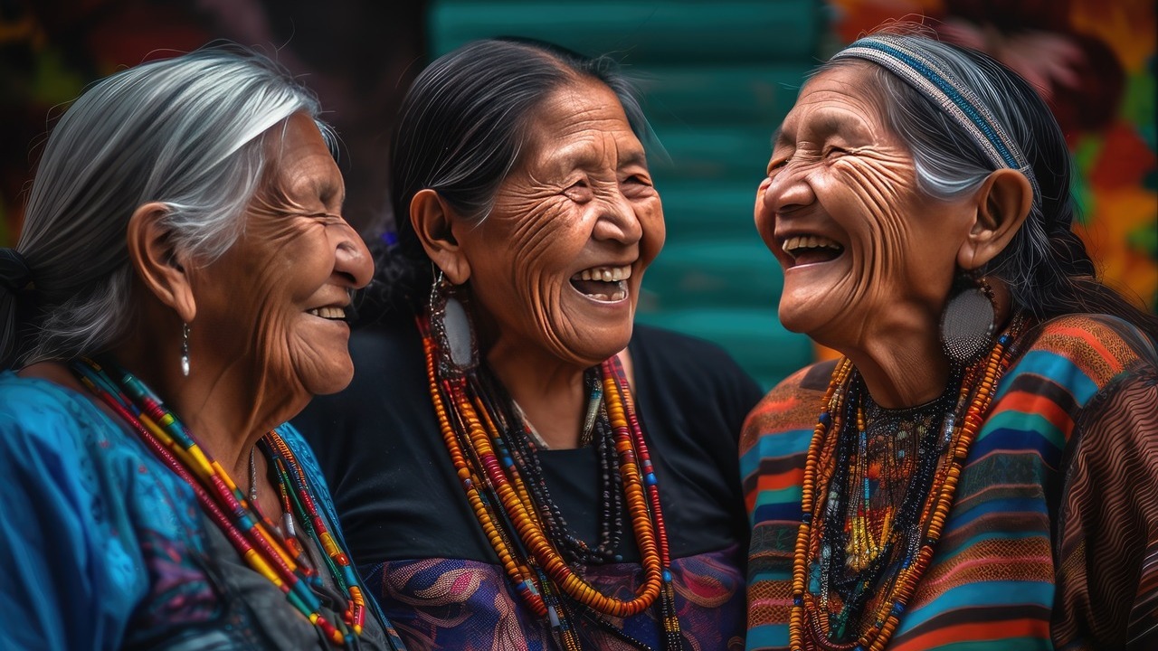 Close-ups of three elderly women laughing.