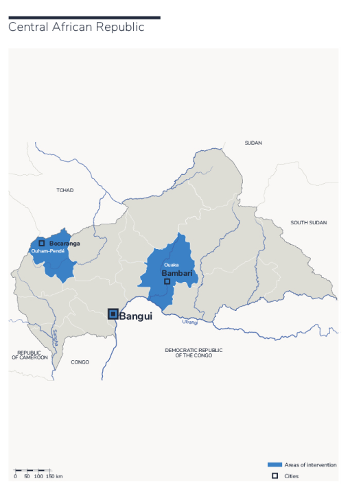 Carte des interventions de HI en RCA