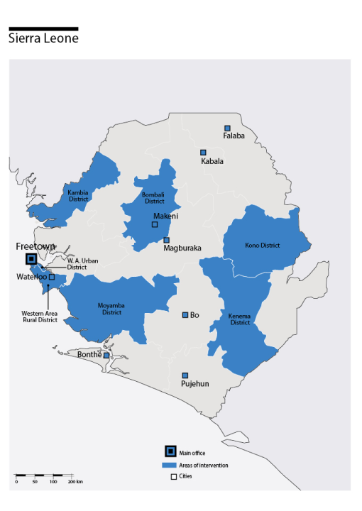 Carte des interventions de HI en Sierra Leone