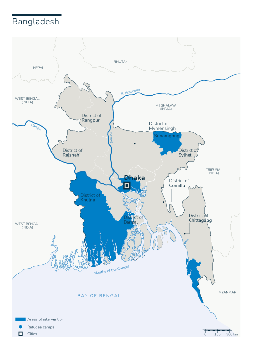 Map of Bangladesh with Humanty & Inclusion's presence in the country