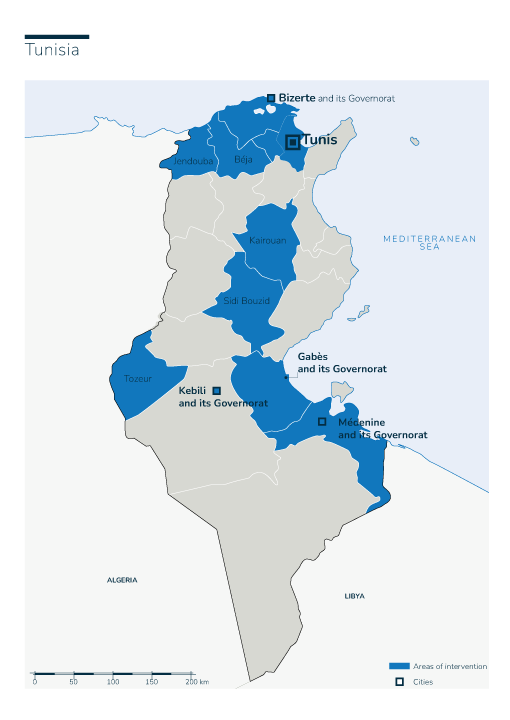 Map of Humanity & Inclusion's interventions in Tunisia