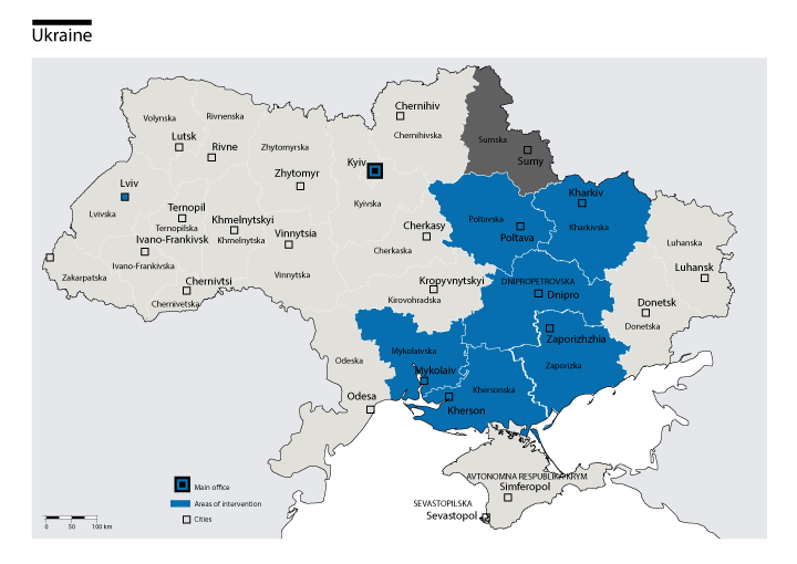 Carte des interventions de HI en Ukraine