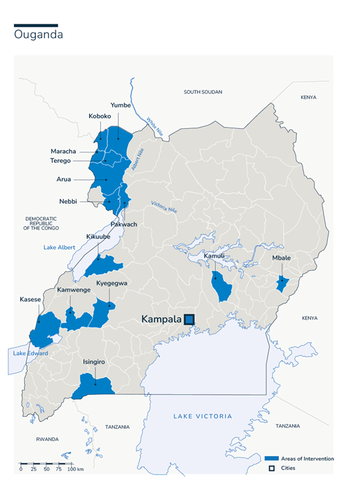Map of Humanity & Inclusion's interventions in Uganda
