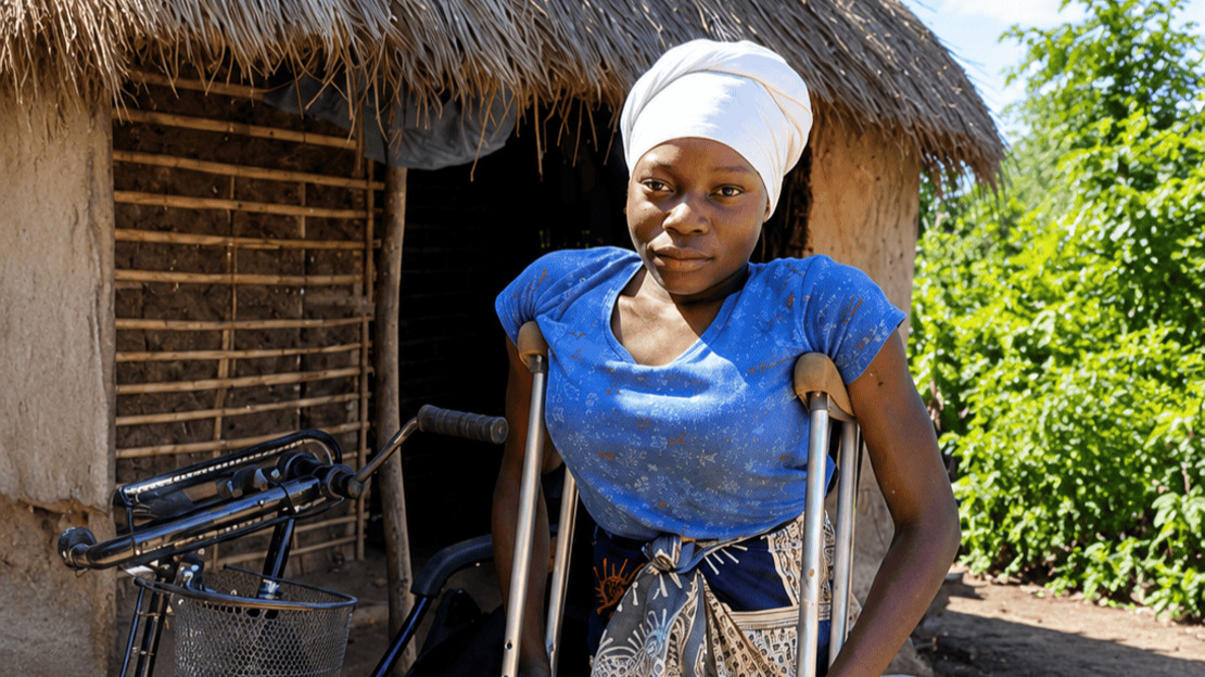 Une jeune femme, appuyée sur deux béquilles, se tient debout devant un fauteuil roulant. À l'arrière-plan, on aperçoit une maison au toit de chaume et de la végétation.; }}